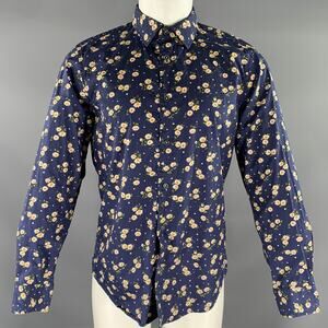 MACSON Size M Blue Multi-Color Floral Cotton Pointed Collar Long Sleeve Shirt